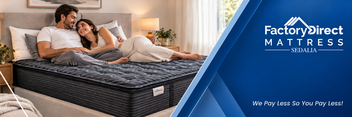 Factory Direct Mattress Sedalia. We Pay Less So You Pay Less! A couple relaxing on a mattress beside the Factory Direct Mattress logo.