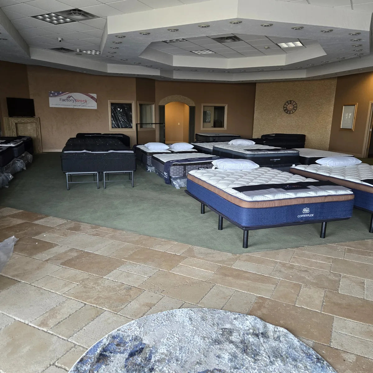 A wider view of the mattresses on display.